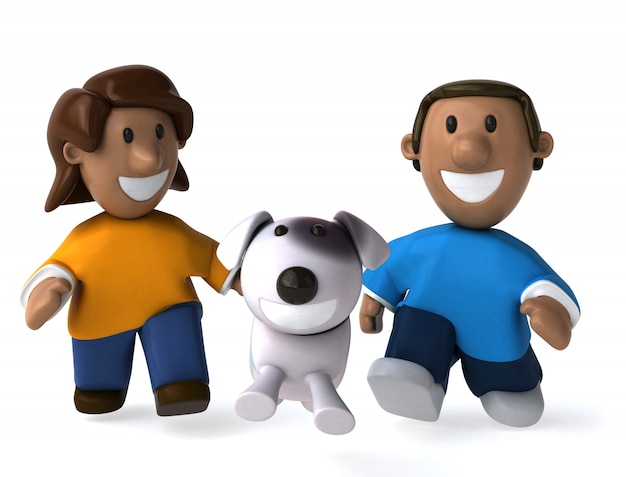 Szczęśliwi dzieciaki i pies - 3D ilustracja