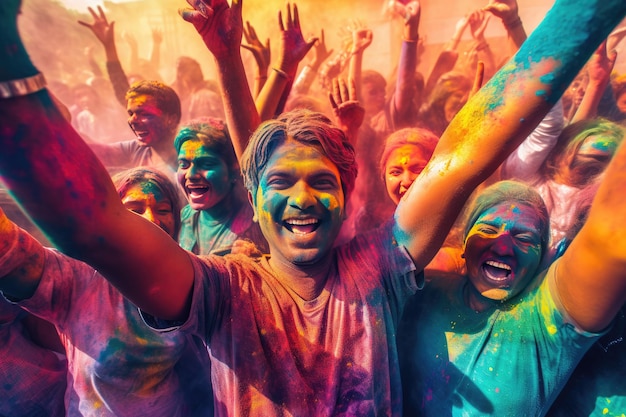 Szczęśliwi Indianie świętują kolorowe święto Holi w Indiach Generative Ai