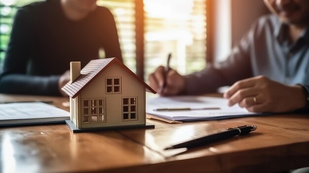 Szczęśliwi klienci rodzinny najemcy najemcy podpisują umowę inwestycyjną kredytu hipotecznego agent nieruchomości do jego dyskusji i konsultacji na temat umów mieszkaniowych