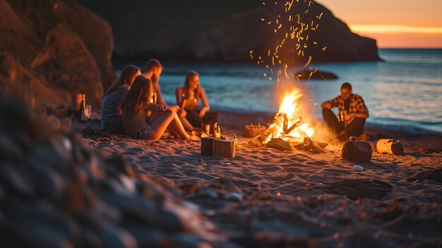 Zdjęcie szczęśliwi ludzie na przytulnym pikniku na plaży wieczorem selektywne skupienie pozytywne wibracje ogień obozowy