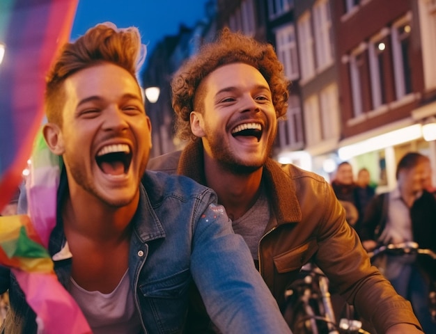 Szczęśliwi ludzie na rowerze na paradzie dumy LGBTQ w Amsterdamie