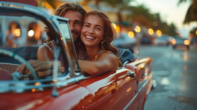 Szczęśliwi ludzie podróżujący w klasycznym starym samochodzie para podczas miesiąca miodowego