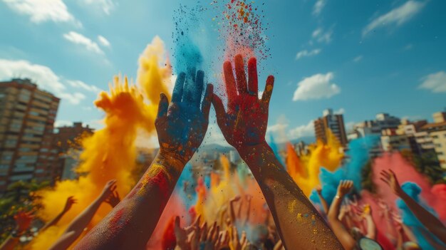 Zdjęcie szczęśliwi ludzie świętują festiwal holi w indiach kolorowy proszek barwnik na ręce i twarze ai