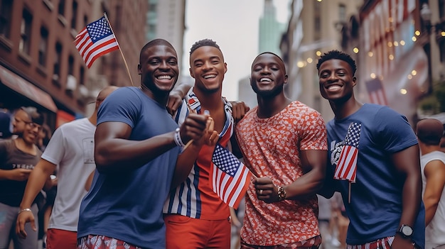 Szczęśliwi mężczyźni świętujący Dzień Niepodległości czwartego lipca Utworzono przy użyciu technologii generatywnej sztucznej inteligencji