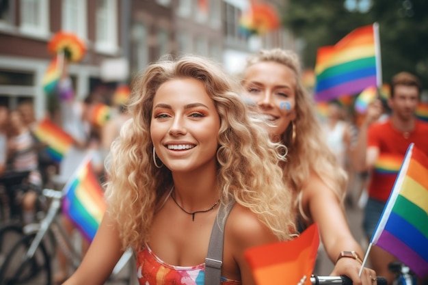 Szczęśliwi Młodzi Ludzie Na Rowerze Na Paradzie Dumy Lgbtq W Amsterdamie