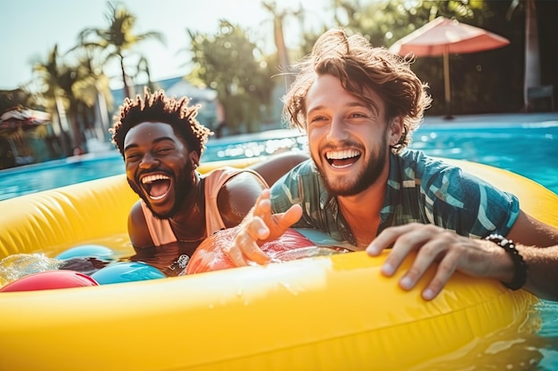 Szczęśliwi przyjaciele na nadmuchiwanym kręgu w parku wodnym z basenem Zabawa śmieje się młodzież w gumowym pierścieniu Generatywna ilustracja AI