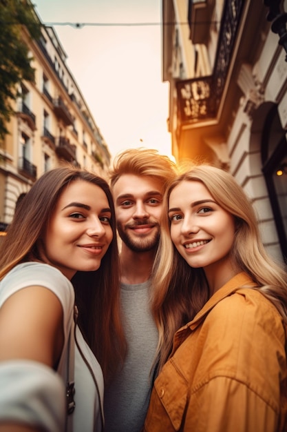 Szczęśliwi przyjaciele selfie i podróż w mieście o zachodzie słońca na wakacje stworzone z generatywnej AI