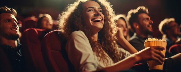 Szczęśliwi przyjaciele siedzą w kinie i oglądają film Generatywna ai