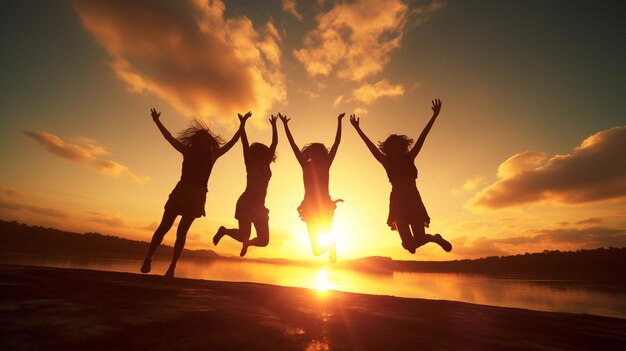 Szczęśliwi przyjaciele skaczący na zachodzie słońca