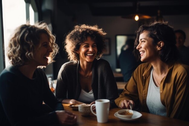 Szczęśliwi przyjaciele spotykający się w kawiarni Generative AI