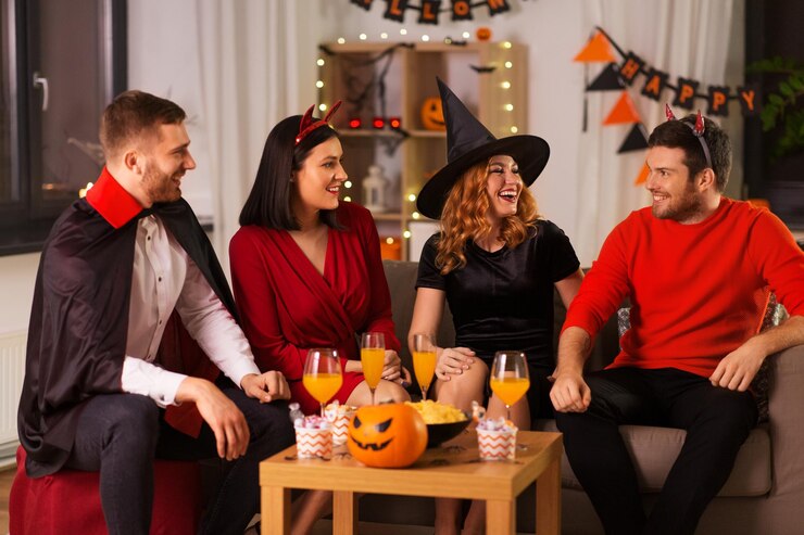 Zdjęcie szczęśliwi przyjaciele w kostiumach halloween na imprezie domowej