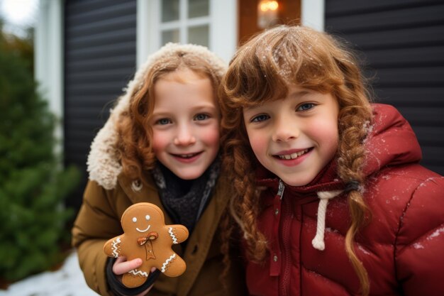 Zdjęcie szczęśliwi rodzeństwo stojący z ciasteczkami z piernika generatywna sztuczna inteligencja