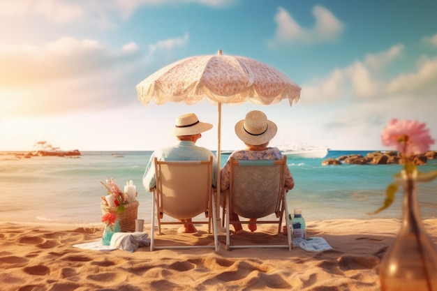 Szczęśliwi starsi cieszący się emeryturą na plaży Generatywna sztuczna inteligencja