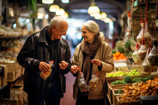 Zdjęcie szczęśliwi starsi klienci odwiedzający rynek rolniczy mężczyzna i kobieta kupujący warzywa organiczne w