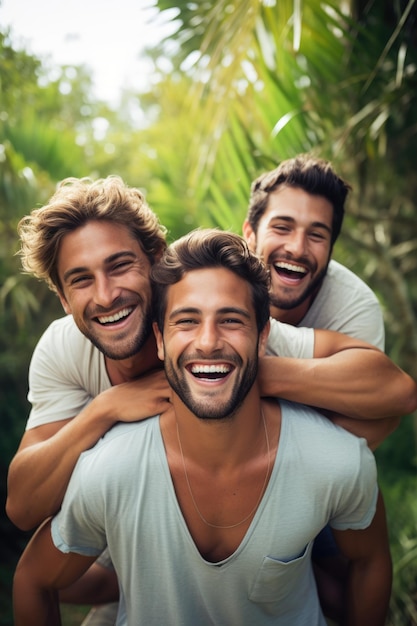Szczęśliwi trzej młodzi mężczyźni bawiący się na świeżym powietrzu w lecie świętując przyjaźń i dobre czasy AI Generat