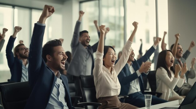 Zdjęcie szczęśliwi wielonarodowi biznesmeni cheering z ich z powodzeniem w biurze ai wygenerowany obraz