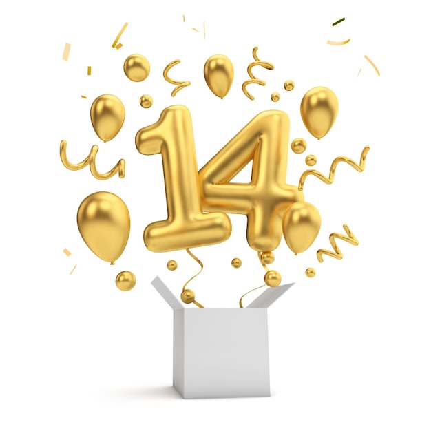 Szczęśliwy 14 urodziny złoty balon niespodzianka i pudełko Renderowanie 3D