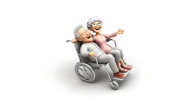 Zdjęcie szczęśliwy 3d starszy mężczyzna pcha kobietę na wózku inwalidzkim