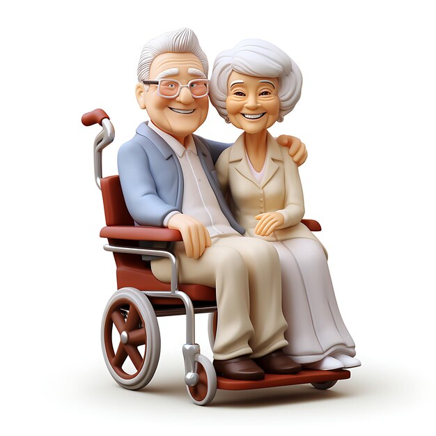 Zdjęcie szczęśliwy 3d starszy mężczyzna pcha kobietę na wózku inwalidzkim