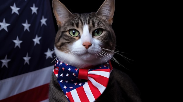 Szczęśliwy 4 lipca koncepcyjny obraz z amerykańskim kotem noszącym patriotyczną bandanę Generatywna sztuczna inteligencja