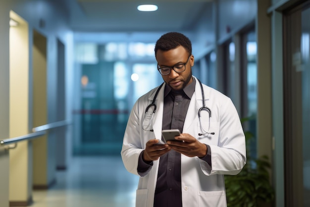 Zdjęcie szczęśliwy afroamerykanin, lekarz, wysyła wiadomości tekstowe na smartfonie