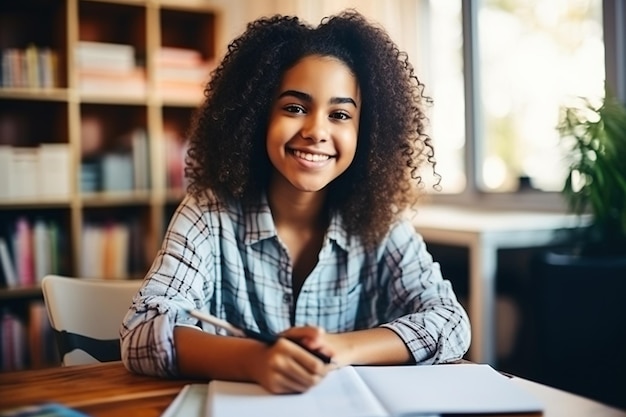 Szczęśliwy afroamerykański nastolatek uczący się elektronicznie w domu na komputerze pisząc notatki Uśmiechnięta nastolatka używająca laptopa oglądająca webinar Hybrid uczenie się angielskiego w wirtualnej klasie online siedząc przy domowym stole