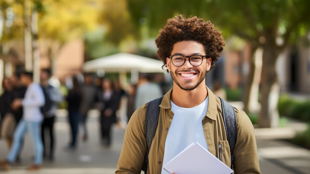 Szczęśliwy afroamerykański student na kampusie.