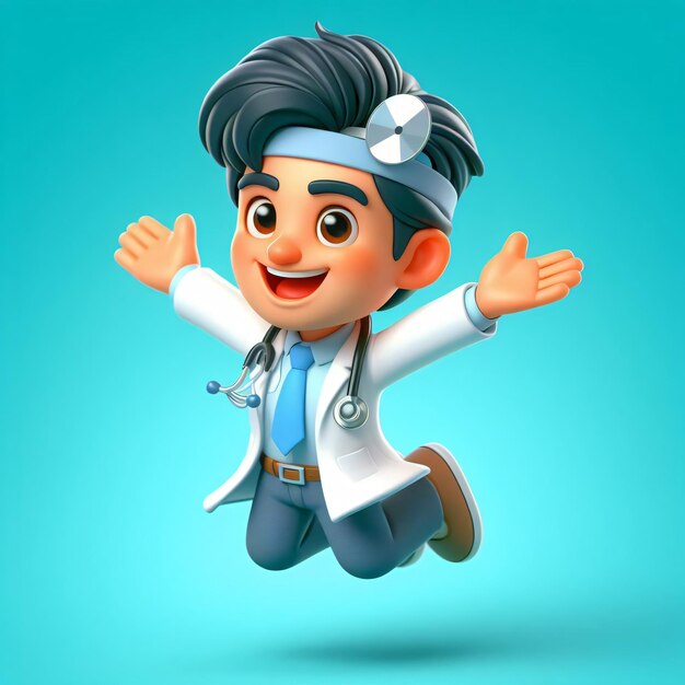 Szczęśliwy animowany lekarz 3D radośnie skacze w stylu kreskówki żywe kolory przesadzone cechy