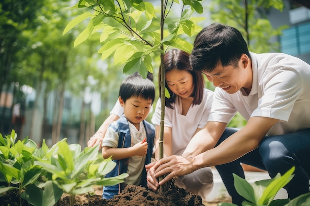 Szczęśliwy Azjata sadzi drzewo z rodziną Aktywność ekologiczna na świeżym powietrzu Miłość do natury