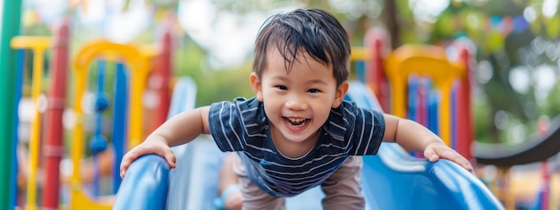 Szczęśliwy azjatycki dwuletni chłopiec wspina się i bawi się na placu zabaw dla dzieci na świeżym powietrzu w parku miejskim