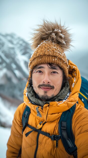 Szczęśliwy azjatycki turysta robi selfie na szczycie góry w formacie pionowym