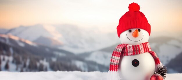 Zdjęcie szczęśliwy bałwan z jasnoczerwonym kapeluszem i rękawiczkami w śnieżnym krajobrazie