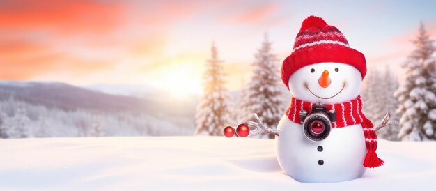 szczęśliwy bałwan z jasnoczerwonym kapeluszem i rękawiczkami w śnieżnym krajobrazie