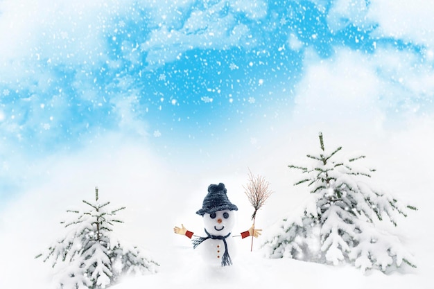 Szczęśliwy bałwan Zimowy krajobraz Kartkę z życzeniami wesołych świąt i szczęśliwego nowego roku