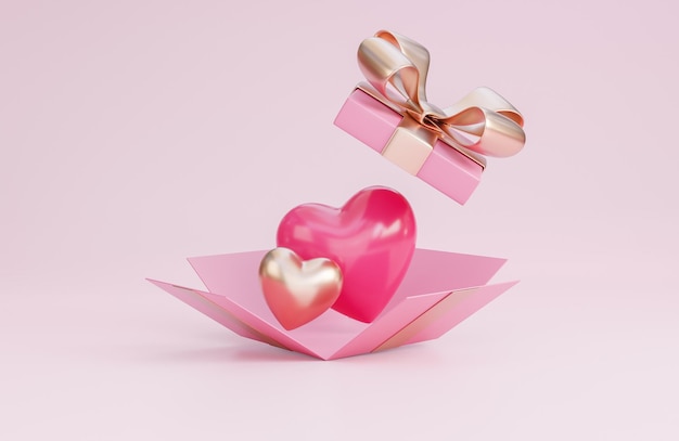 Zdjęcie szczęśliwy baner walentynkowy z otwartym pudełkiem na prezenty 3d serca i romantyczne dekoracje walentynkowe