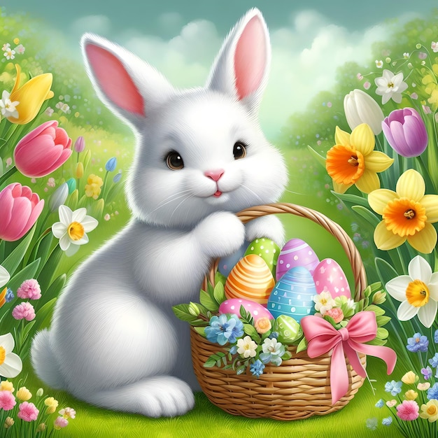Szczęśliwy baner wielkanocny Słodki kreskówkowy Wielkanocny biały królik z tkanym koszem z jajkami wielkanocnymi