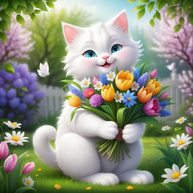 Szczęśliwy biały kot siedzi w ogrodzie wiosennych kwiatów