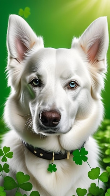 Szczęśliwy biały pies otoczony liśćmi koniczyny na zielonym tle Doskonały na Dzień Świętego Patryka