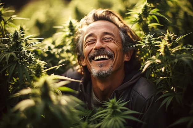 szczęśliwy biały rolnik śmieje się na polu plantacji marihuany