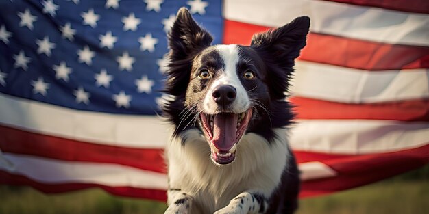 Zdjęcie szczęśliwy border collie niosący flagę usa