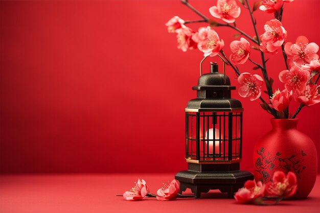 Szczęśliwy chiński Nowy Rok, kwiaty sakury i tradycyjna latarnia na czerwonym