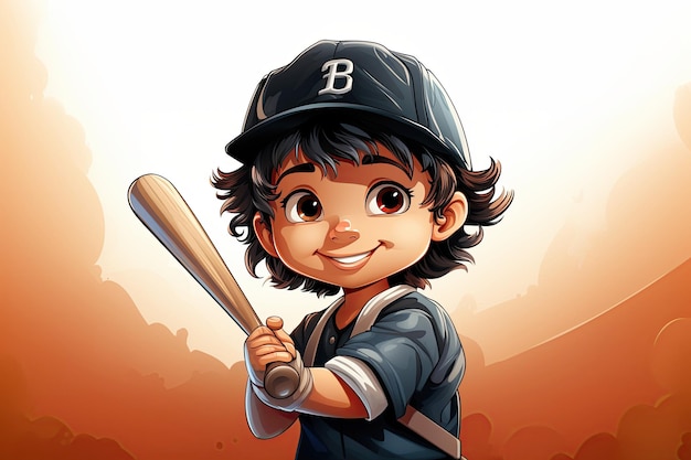 szczęśliwy chłopiec baseballista w czapce z kijem w rękach Postać z kreskówki