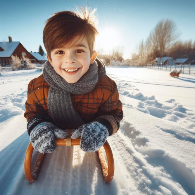 Szczęśliwy chłopiec na sankach na świeżym powietrzu w pogodny zimowy dzień