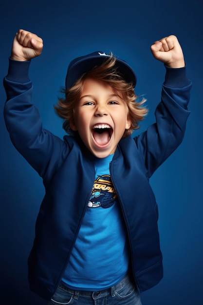 Szczęśliwy chłopiec ubrany w eleganckie ubrania świętuje sukces podnoszą ręce pięści izolowane na niebieskim tle