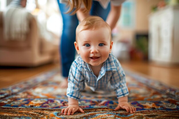 Szczęśliwy chłopiec uczy się robić pierwsze kroki w domu z pomocą matki