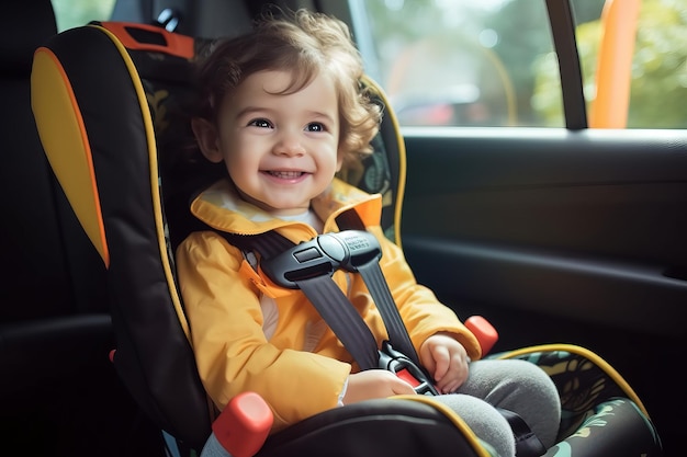 Szczęśliwy chłopiec w fotelu samochodowym z pasem bezpieczeństwa podczas podróży samochodem Generatywna sztuczna inteligencja