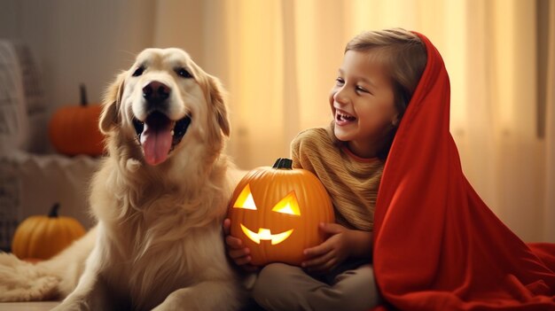 Zdjęcie szczęśliwy chłopiec w kostiumie na halloween siedzi z golden retrieverem