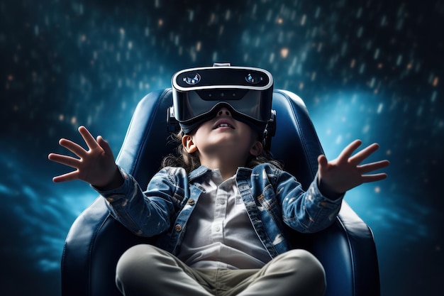 Szczęśliwy chłopiec w okularach do wirtualnej rzeczywistości siedzący na krześle