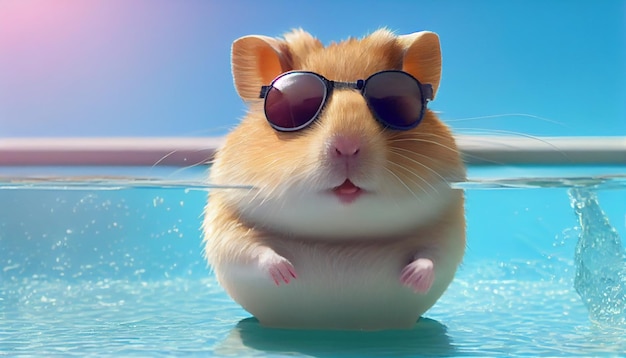 Szczęśliwy chomik bawiący się na wakacjach w basenie
