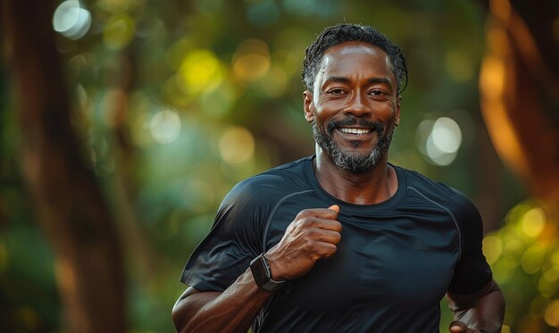 Szczęśliwy czarny człowiek biegający w parku z muzyką uśmiech i maketa w ogrodzie przyrody